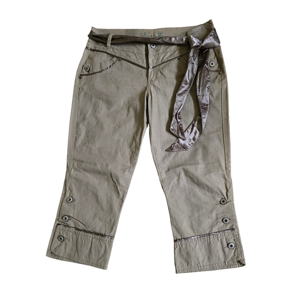 CLASH Jeans Tan Cropped Capri Pants Satin Ribbon Trim Button‎ Detail Y2K Utility